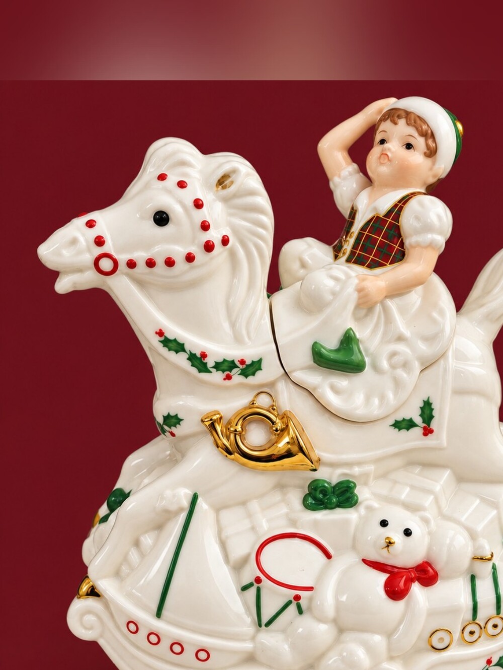Vintage 1999 Lenox Santa’s Holiday Toy Shop Elf Rocking Horse Teapot Retired